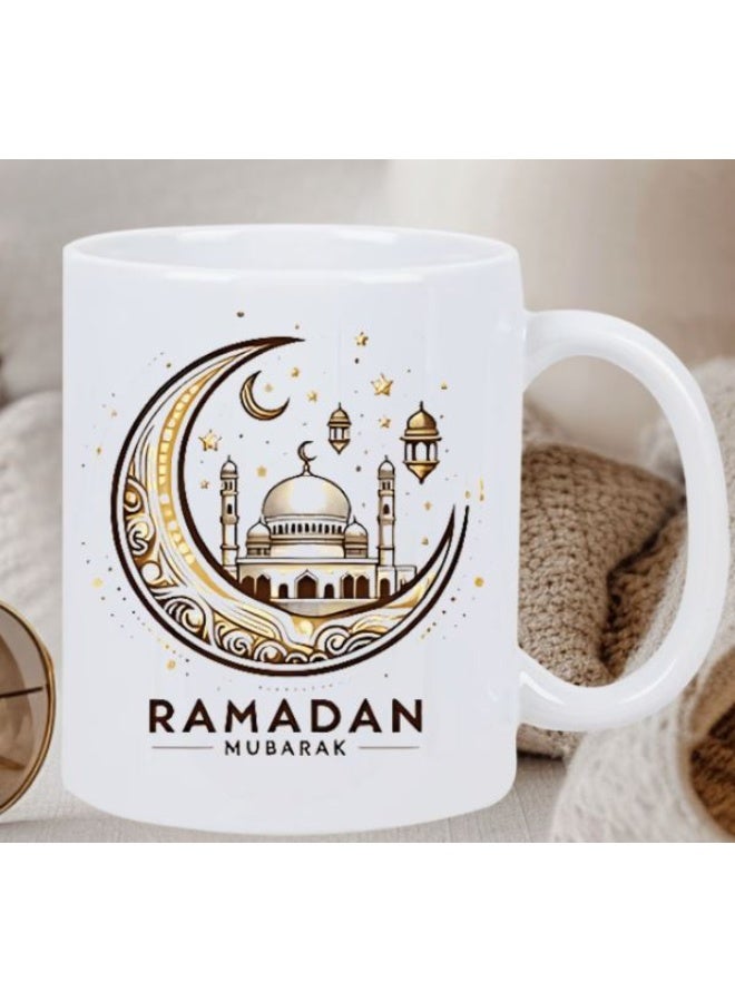 RYN Ramadan Mubarak Ceramic Mug - Insulated White Cup with Golden Crescent Moon & Mosque Design, Reusable Hand Wash Only, Ideal Gift - Image 3